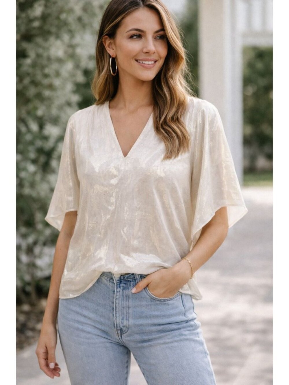 Anna Cate Nina Blouse Silk Metallic Shimmer NWOT Silver Gold Crepe Size XS